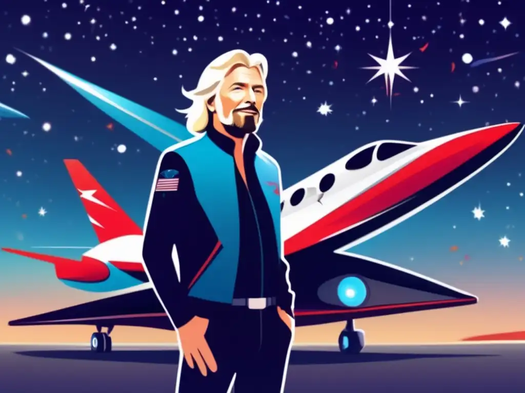 En la ilustración digital de Richard Branson, el empresario se muestra seguro frente a una nave espacial de Virgin Galactic