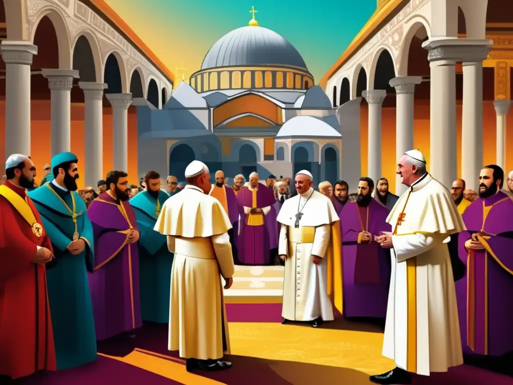 Encuentro histórico: Papa Urban II y Emperador Alexios I en Hagia Sophia La ilustración digital muestra el encuentro histórico entre el Papa Urbano II y el Emperador Alejo I Comneno en la Hagia Sophia