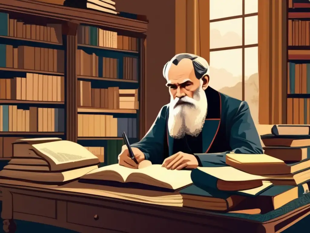 En la ilustración digital, el escritor ruso del siglo XIX, Leo Tolstoy, está sentado en su escritorio, rodeado de libros y papeles, con una expresión contemplativa mientras mira por la ventana al campo ruso