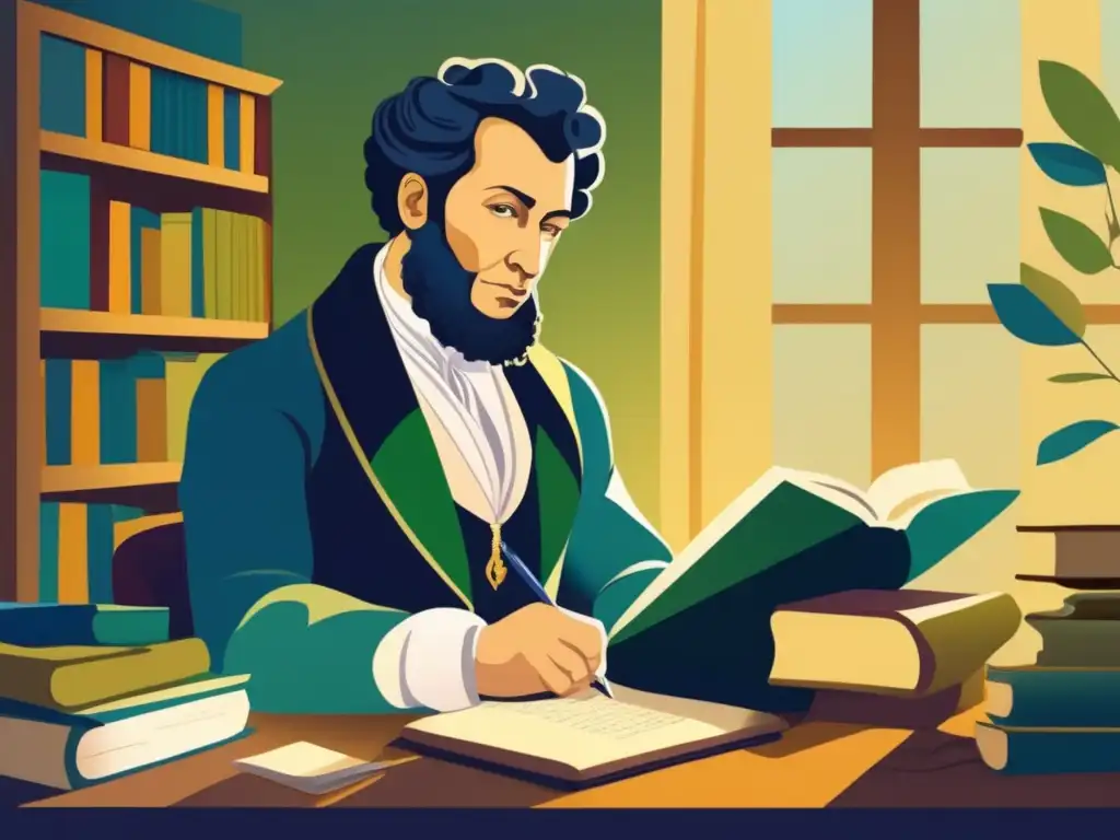 Ilustración digital de Pushkin en su escritorio: creatividad opulenta En la ilustración digital, Alexander Pushkin se sienta en su escritorio rodeado de libros y papeles, sumergido en sus pensamientos creativos