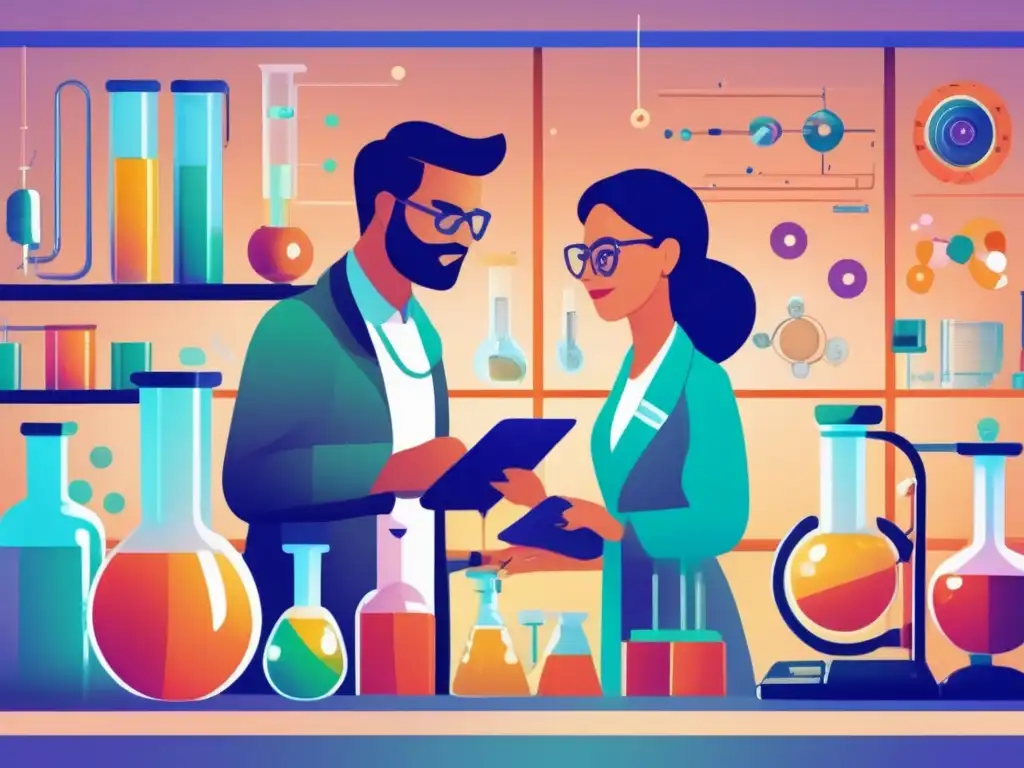 En una ilustración digital de alta resolución, Gerty Cori y su esposo colaboran con determinación en un laboratorio, realizando descubrimientos sobre el metabolismo de carbohidratos