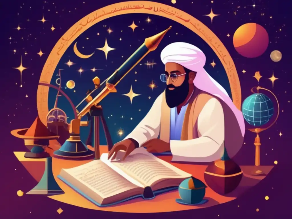 Una ilustración digital de alta resolución y estilo moderno de Abu Rayhan alBiruni, dedicado a observaciones astronómicas, rodeado de instrumentos científicos y manuscritos antiguos