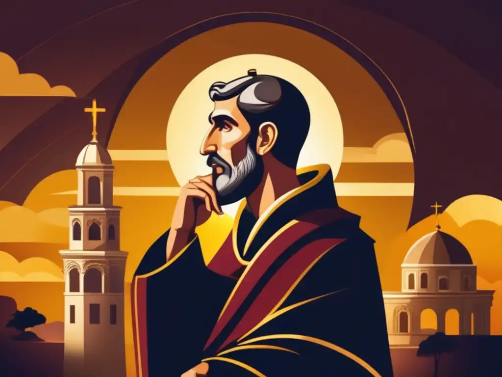 San Agustín de Hipona en profunda contemplación: ilustración digital intrigante y reflexiva Una ilustración digital de alta resolución y estilo moderno muestra a un contemplativo San Agustín de Hipona, rodeado de luz dorada y sombras