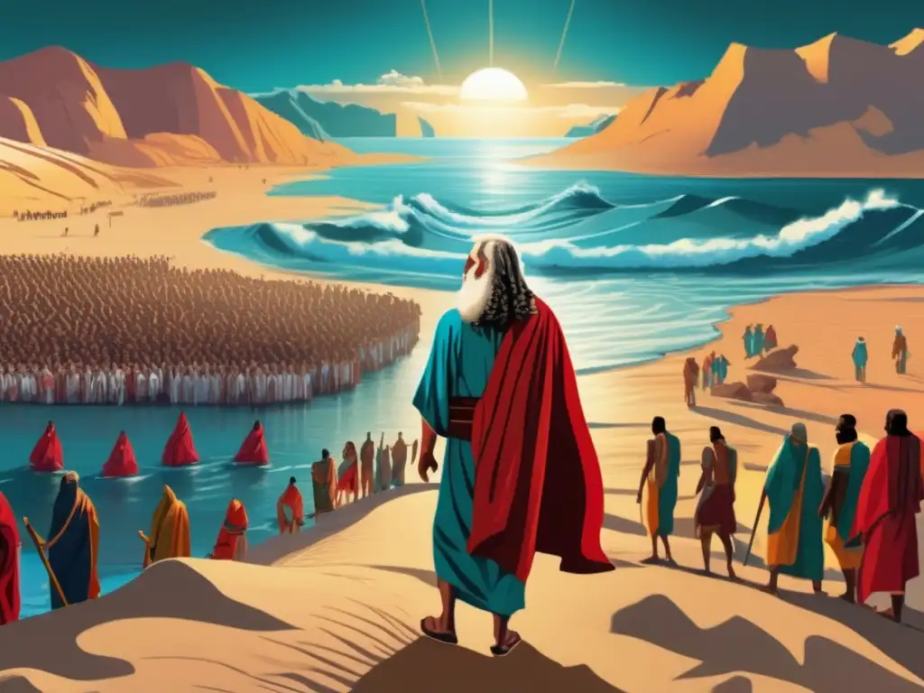 Milagroso éxodo de Moisés en el Mar Rojo En la ilustración digital, Moisés lidera el éxodo mientras el Mar Rojo se parte