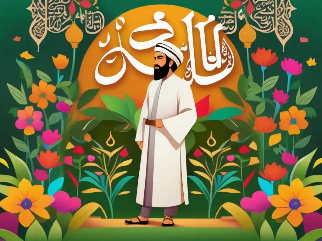 En una ilustración digital, Ibn Zafar alSiqilli aparece en un exuberante jardín con caligrafía árabe y flores coloridas, simbolizando su vida y exilio