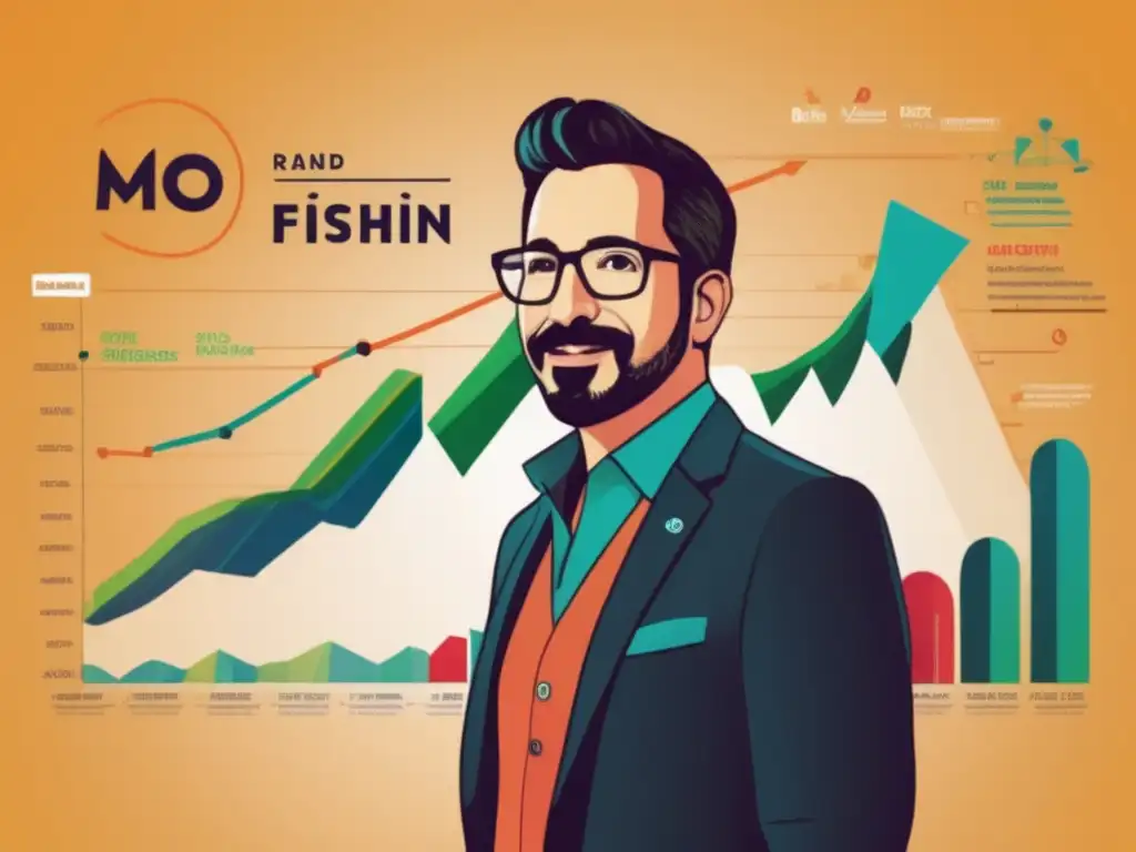 En la ilustración digital, Rand Fishkin lidera con determinación frente a un gráfico dinámico que simboliza el crecimiento de Moz