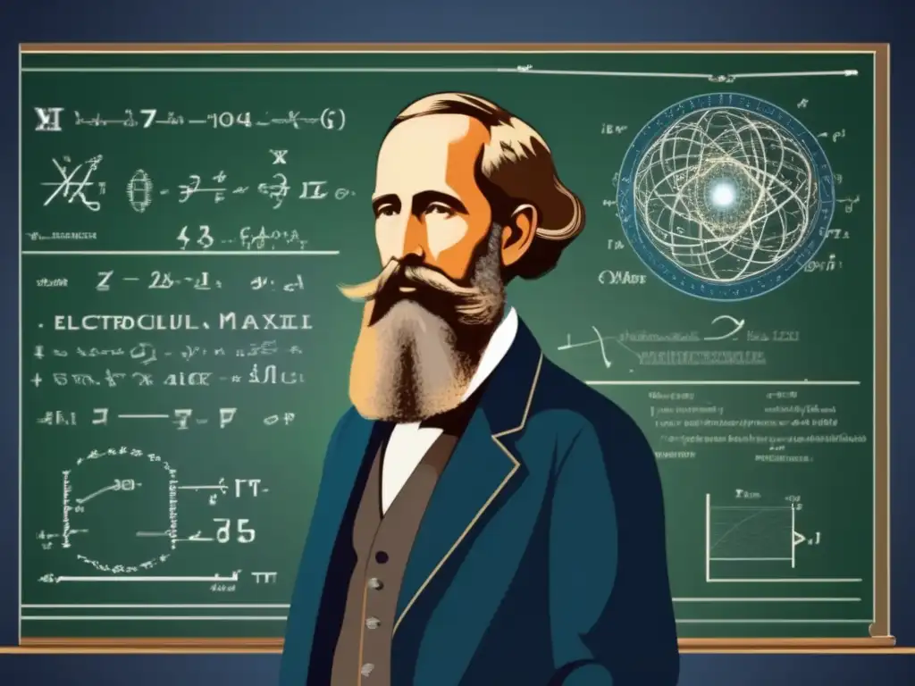Ilustración digital de James Clerk Maxwell frente a una pizarra llena de ecuaciones, reflejando su innovador trabajo en electromagnetismo