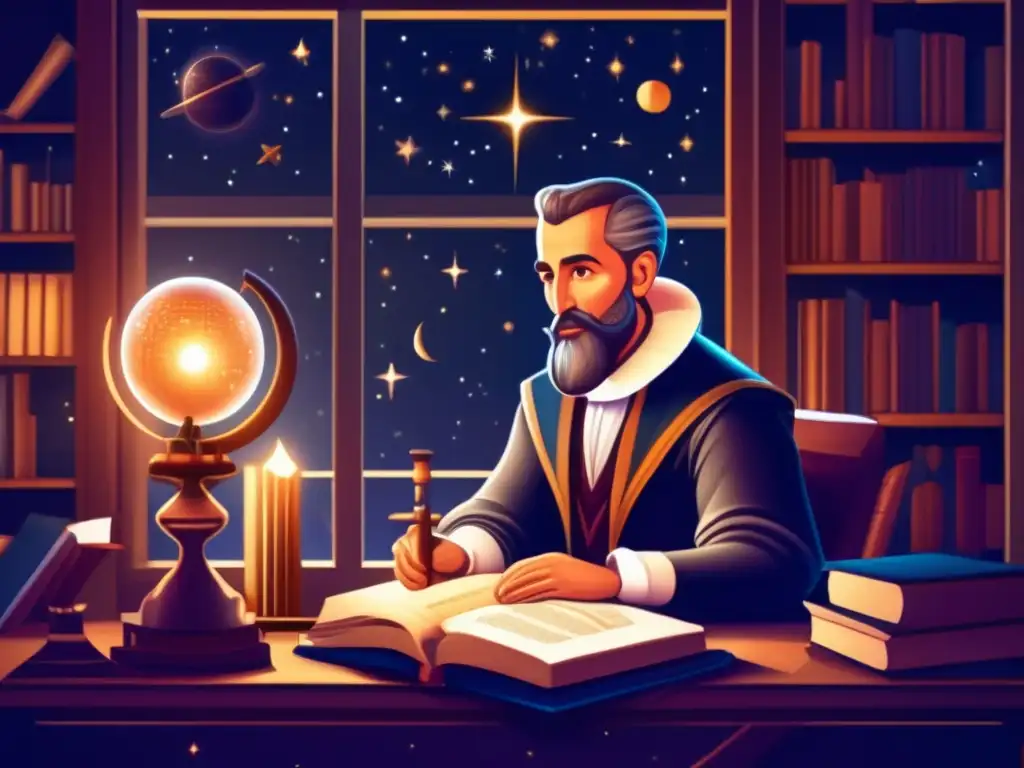 En la ilustración digital de Johannes Kepler, el genio de la astronomía reflexiona en su estudio, rodeado de instrumentos astronómicos y libros