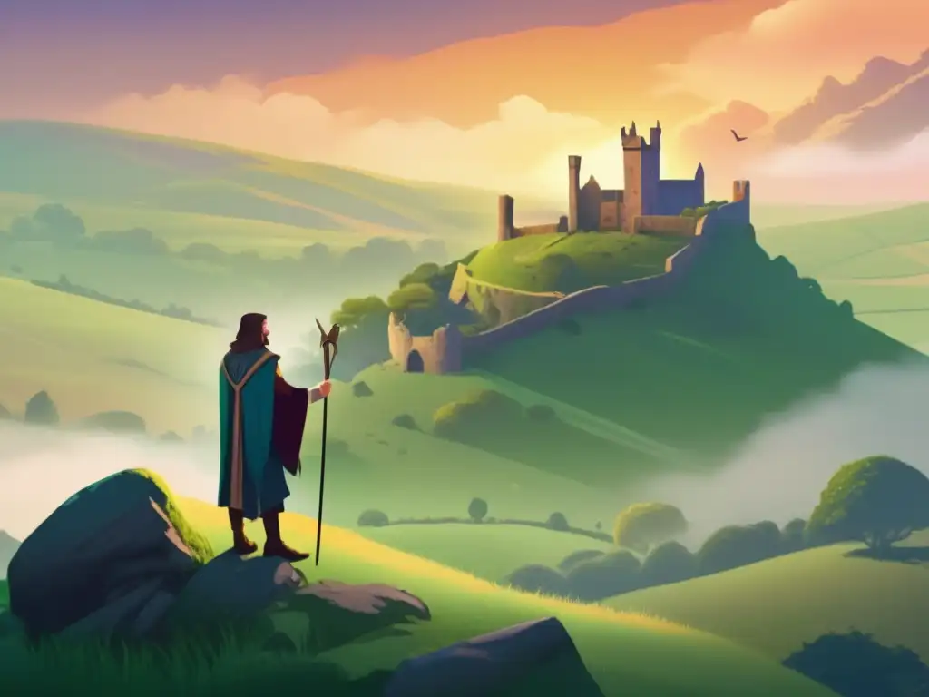 La ilustración digital muestra a Geoffrey de Monmouth en una colina verde exuberante, rodeado de ruinas antiguas y niebla mística