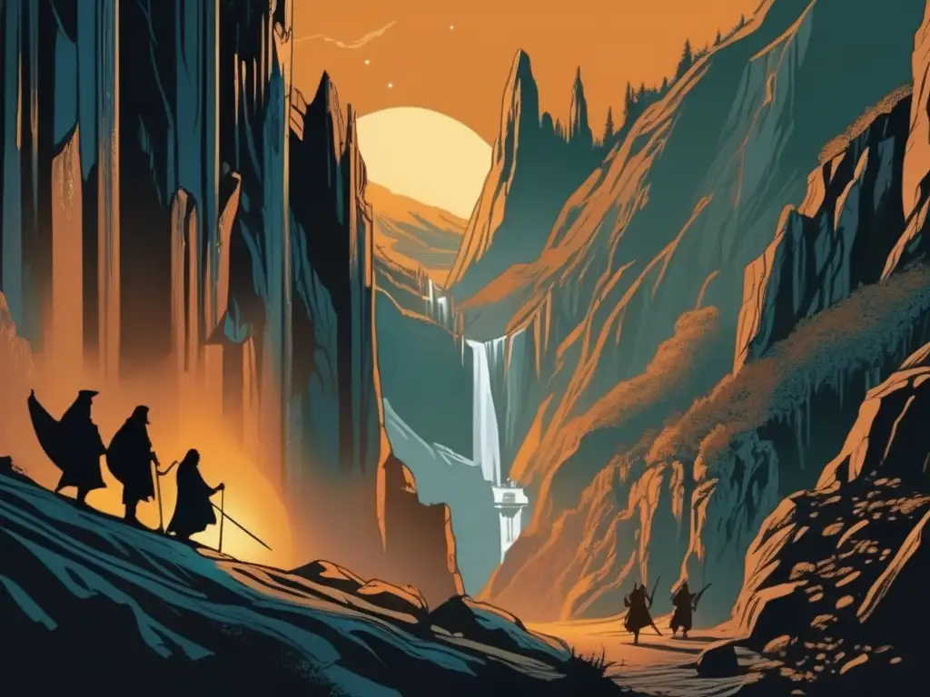 En la ilustración digital, el grupo avanza por las Minas de Moria, con Gandalf a la cabeza, iluminando con su bastón