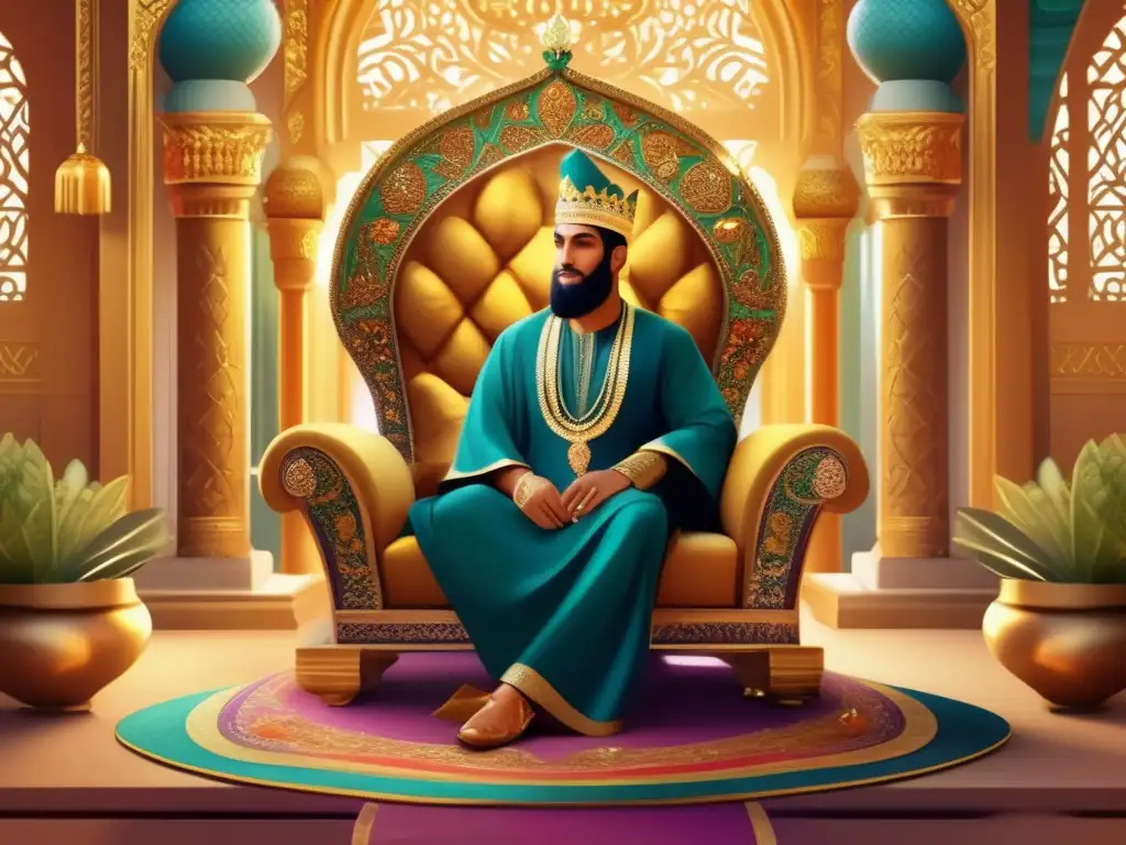 En la ilustración digital, Harun alRashid, el legendario califa abásida, está sentado en un trono dorado, rodeado de opulencia