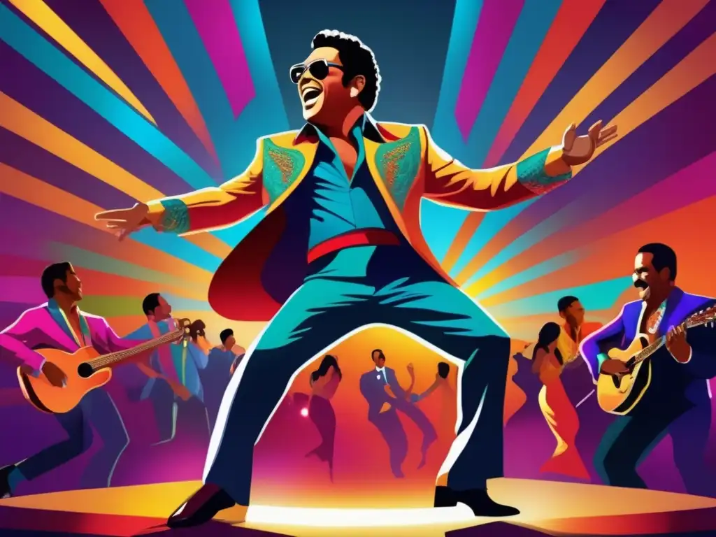 Biografía Héctor Lavoe revolución salsa: Ilustración digital de Héctor Lavoe en un vibrante concierto de salsa, con colores vivos y energía palpable