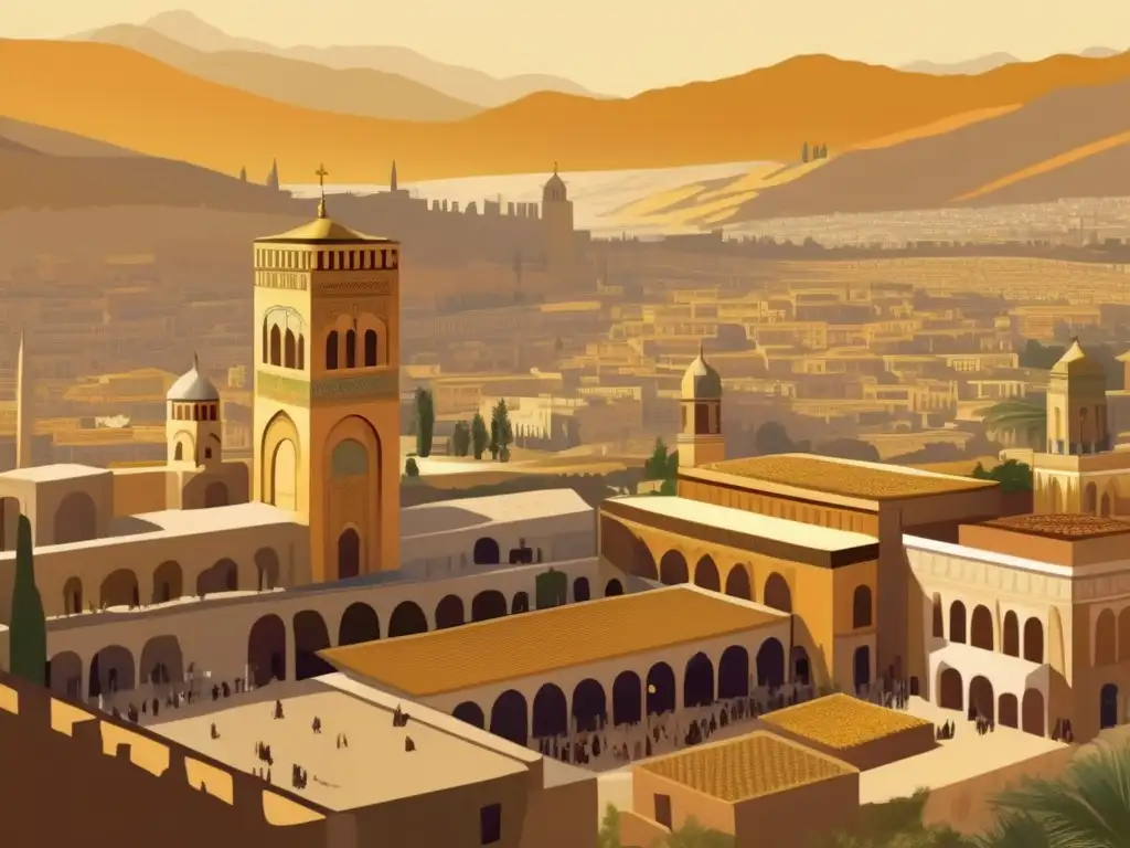 Damasco al atardecer: la ciudad ancestral que inspiró a Pablo- Una ilustración digital impactante de la antigua ciudad de Damasco, con detalles intrincados de su arquitectura y bullicioso mercado, capturando la importancia histórica y cultural de la ciudad en la época del apóstol Pablo