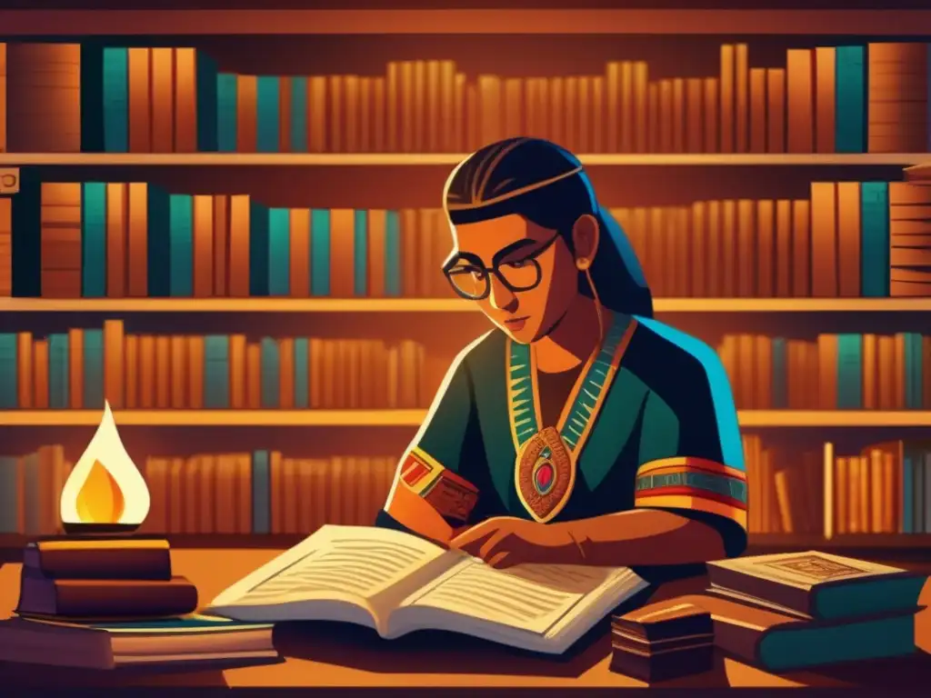 Un ilustración digital impactante de León Portilla estudiando un antiguo códice azteca, rodeado de libros y materiales de archivo
