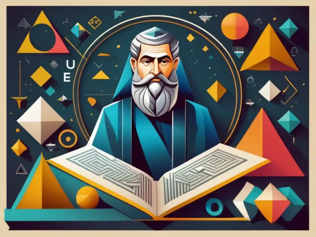Una ilustración digital impactante y detallada muestra a Euclides rodeado de formas geométricas y símbolos matemáticos