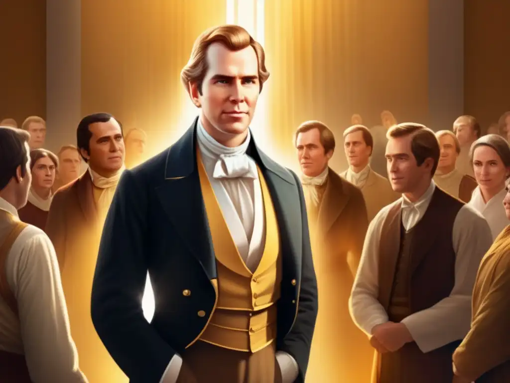 Una ilustración digital impactante de Joseph Smith en un haz de luz dorada, capturando la controversia y reverencia que lo rodea
