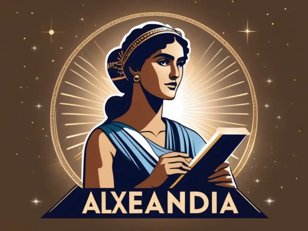 Una ilustración digital impactante de Hipatia de Alejandría, en pose regia rodeada de pergaminos antiguos y utensilios científicos, con un halo de luz