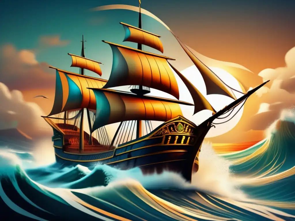 Una ilustración digital impactante de la nave de Vasco da Gama surcando mares embravecidos, reflejando su espíritu aventurero
