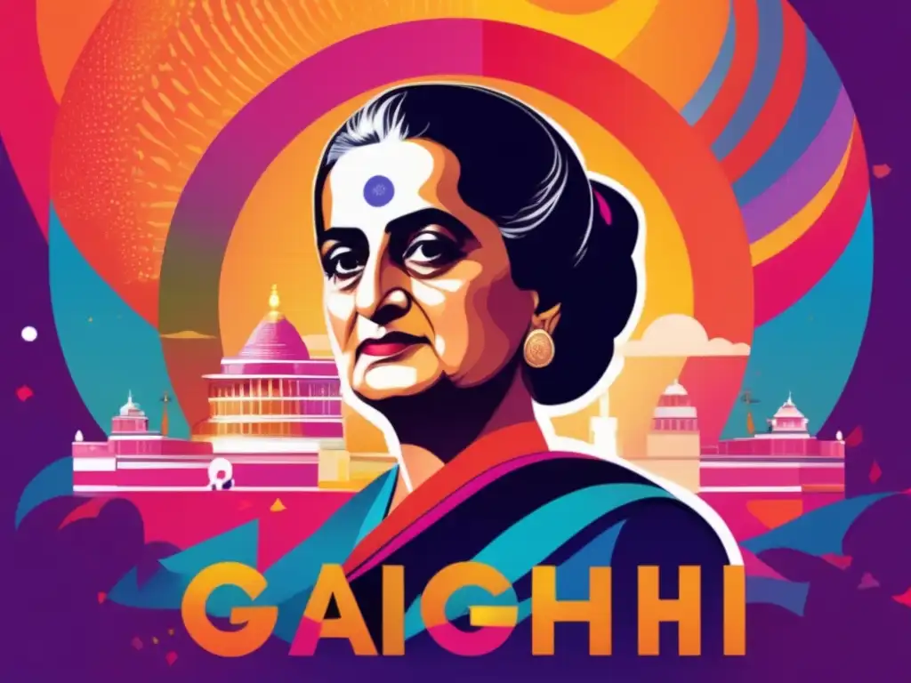 Una ilustración digital impactante de Indira Gandhi, rodeada de colores vibrantes que representan su legado global