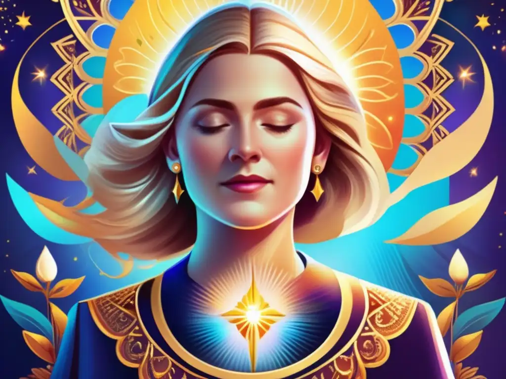 Una ilustración digital impactante de Ellen White recibiendo una visión profética, con colores vibrantes y detalles intrincados que representan el significado espiritual del momento