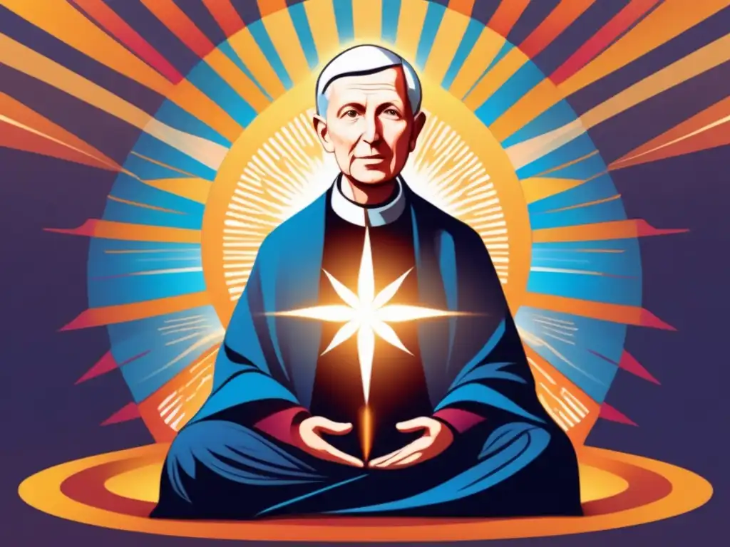 Una ilustración digital impactante de Meister Eckhart, el visionario dominico, en pose contemplativa, con rayos de luz divina emanando de su figura