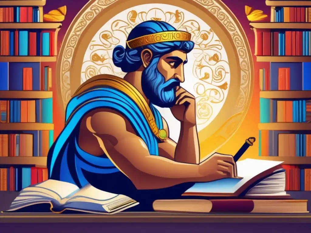 Un ilustración digital impresionante de Apolodoro mitógrafo griego, inmerso en la escritura de la biografía de Apolodoro mitógrafo griego
