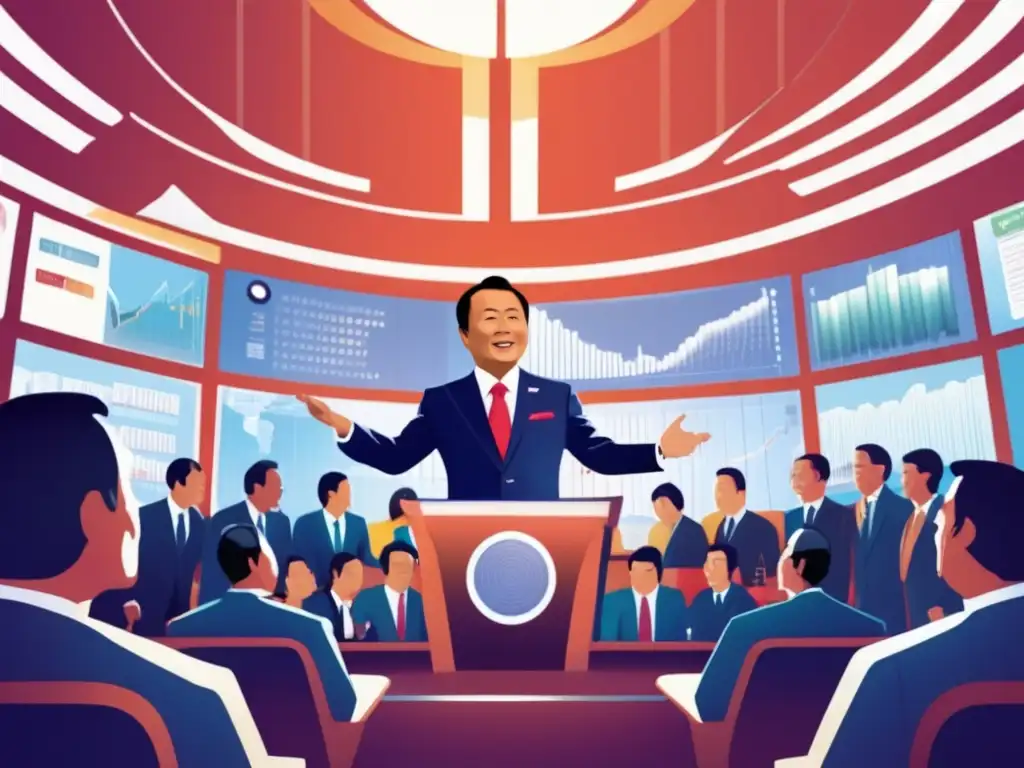 En la ilustración digital de alta resolución, Taro Aso ejerce influencia sobre la política fiscal de Japón, liderando con autoridad en una cámara gubernamental futurista