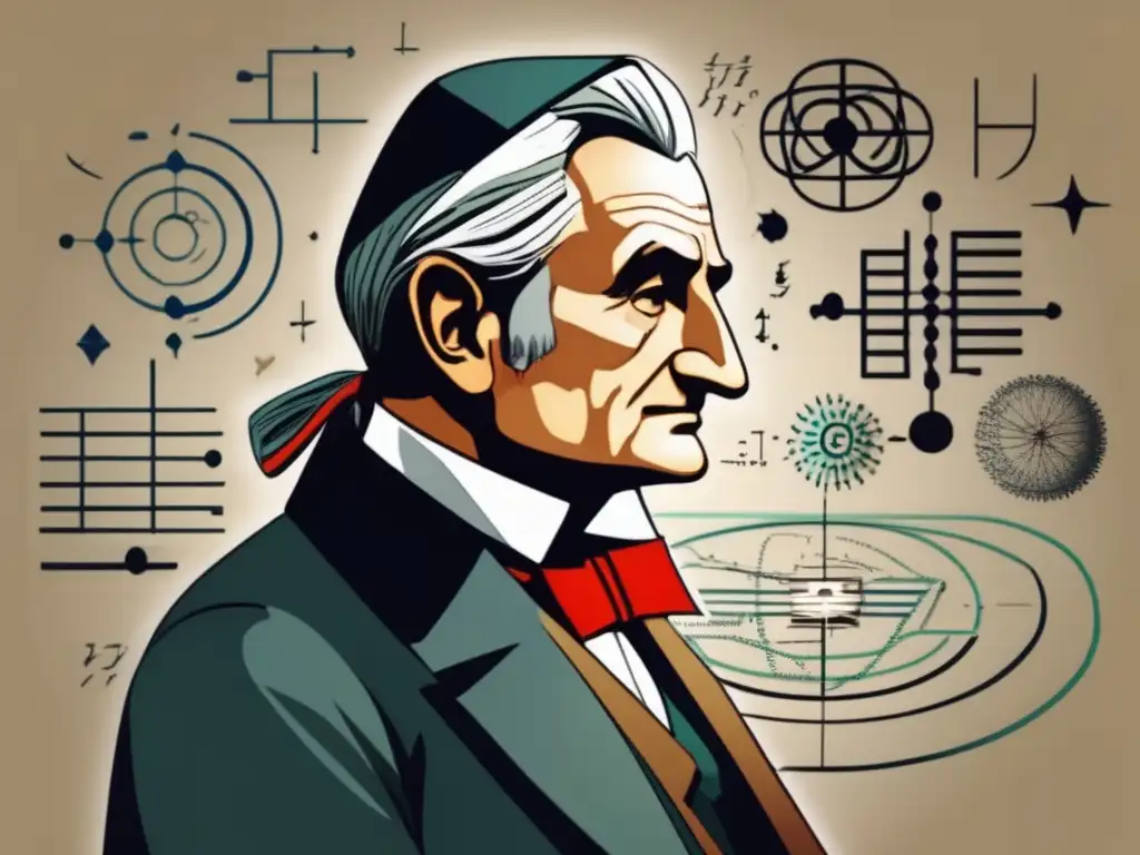 En la ilustración digital de alta resolución, Carl Friedrich Gauss aparece inmerso en sus pensamientos, rodeado de líneas de campo magnético y ecuaciones científicas relacionadas con la teoría del magnetismo