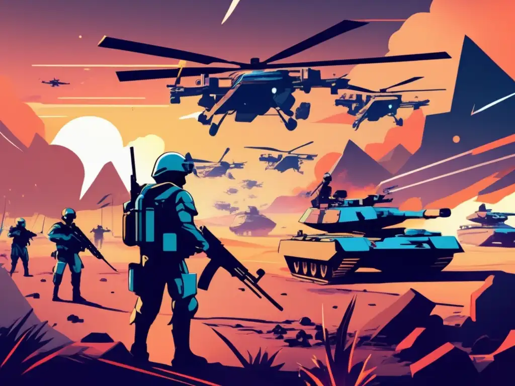 En una ilustración digital intensa y moderna, un campo de batalla futurista con armamento avanzado, drones y movimientos militares estratégicos