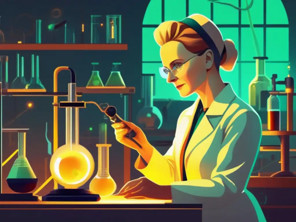 En la ilustración digital de alta resolución, Marie Curie se encuentra en su laboratorio rodeada de equipo científico, realizando experimentos con materiales radiactivos