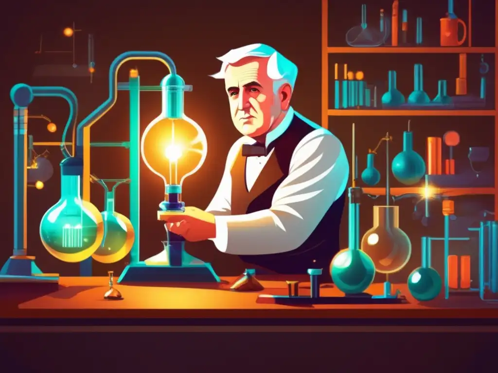En una ilustración digital de alta resolución, Thomas Edison trabaja en su laboratorio rodeado de equipo científico y bombillas