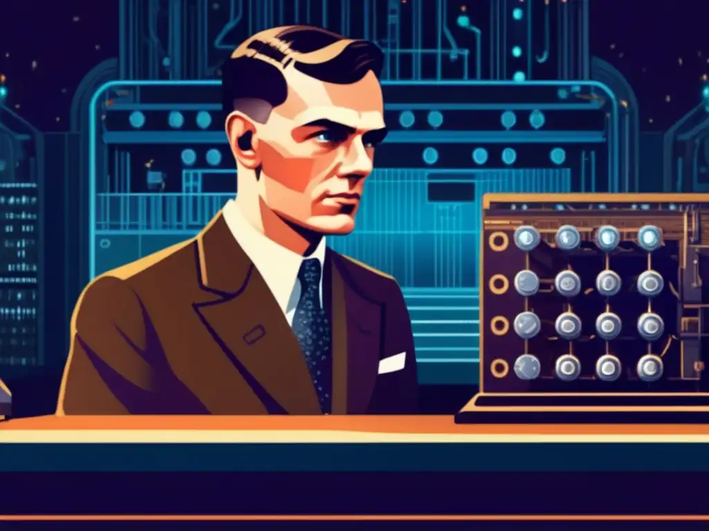 En una ilustración digital de alta resolución, Alan Turing y la máquina Enigma se enfrentan en un intenso duelo de inteligencia durante la Segunda Guerra Mundial