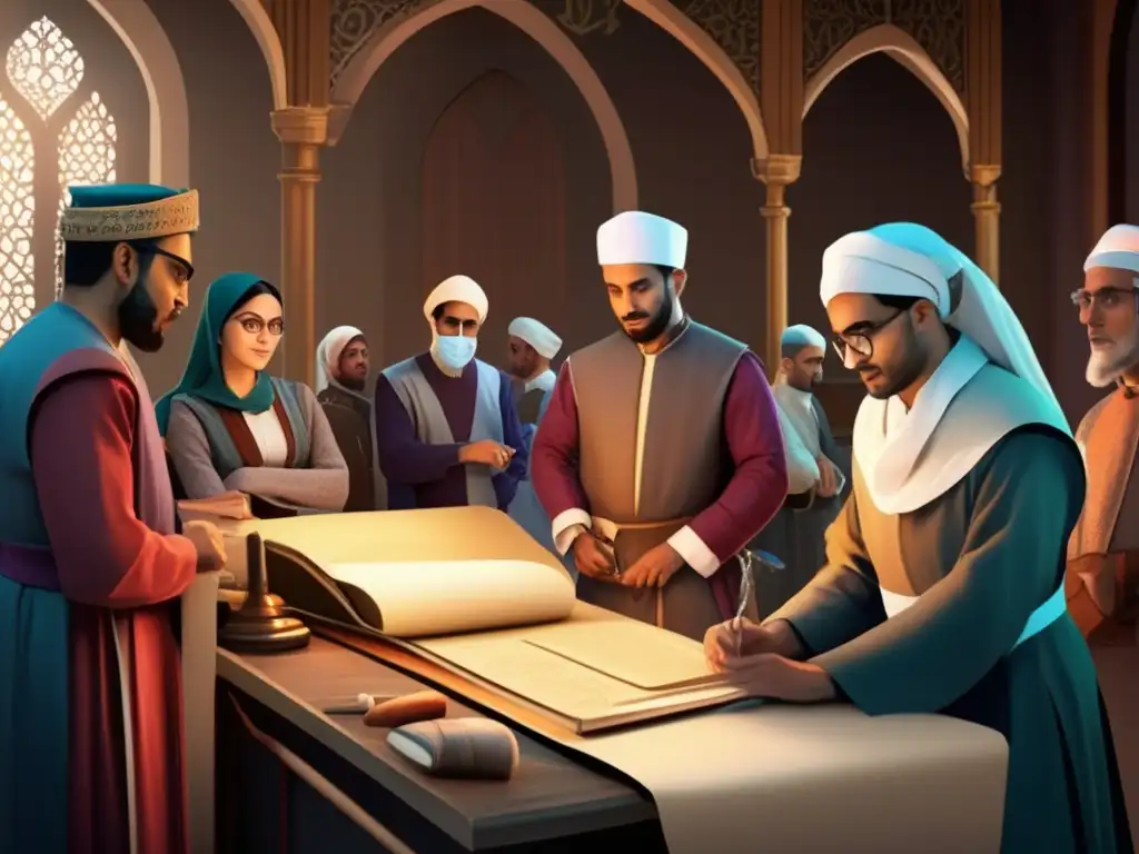 En una ilustración digital moderna de alta resolución, AlZahrawi está en un bullicioso teatro quirúrgico medieval, rodeado de elaborados instrumentos médicos, pergaminos de conocimiento y estudiantes atentos