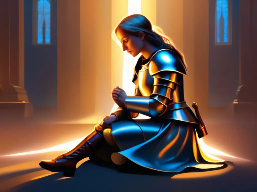 Una representación digital moderna de Juana de Arco arrodillada frente a una figura resplandeciente y celestial