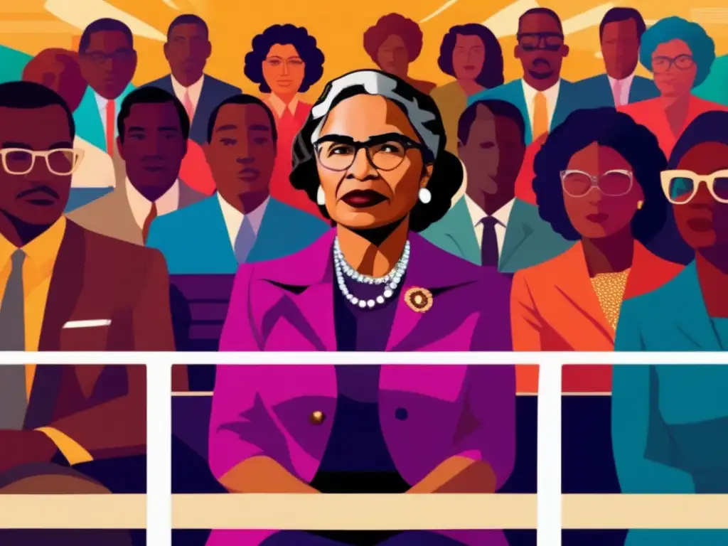 Una ilustración digital moderna de Rosa Parks en un autobús, rodeada de activistas por los derechos civiles