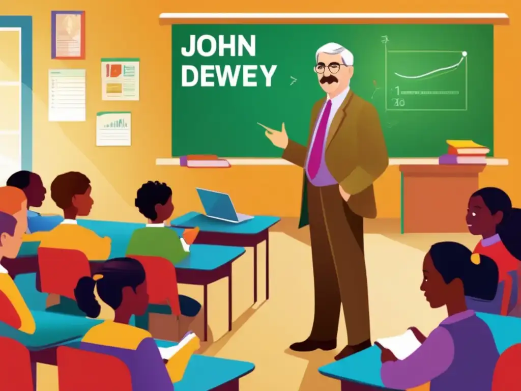 En una ilustración digital moderna, John Dewey lidera una clase inclusiva y vibrante, reflejando su filosofía educativa progresista