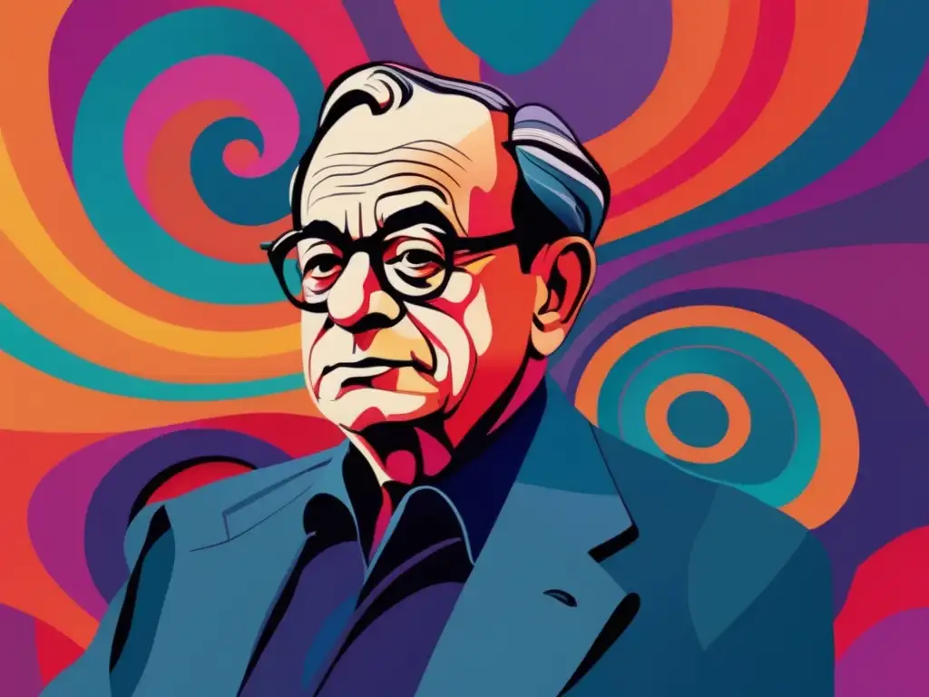 Una ilustración digital moderna y compleja de Erich Fromm rodeado de colores vibrantes que evocan la complejidad del amor y la experiencia humana