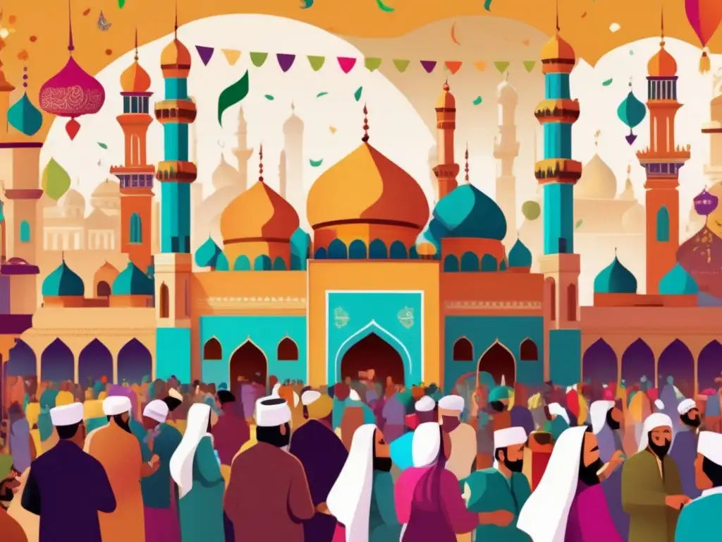 Una ilustración digital moderna y detallada de un bullicioso festival islámico con colores vibrantes, atuendos tradicionales y decoraciones ornamentadas
