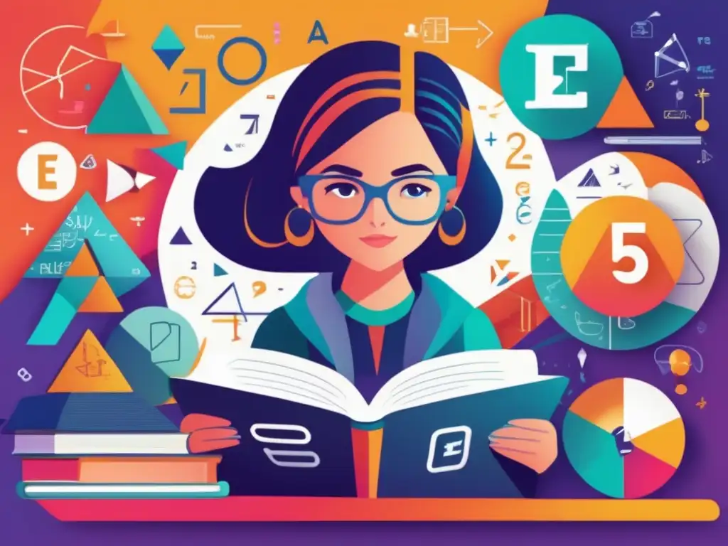 Una ilustración digital moderna y detallada retrata a Alicia Boole Stott inmersa en ecuaciones matemáticas, rodeada de formas geométricas y símbolos que representan su educación e intereses intelectuales
