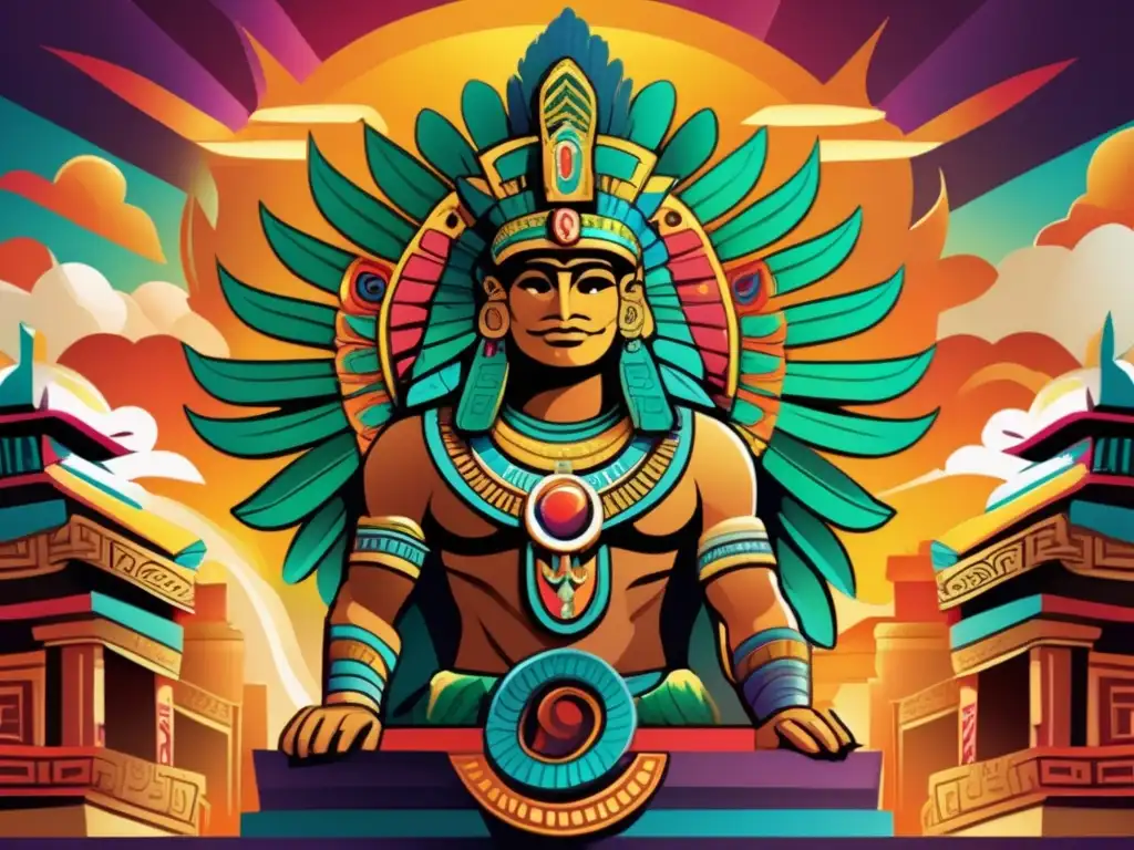 La ilustración digital moderna del dios azteca Quetzalcóatl destaca su majestuosidad, con una serpiente emplumada alrededor