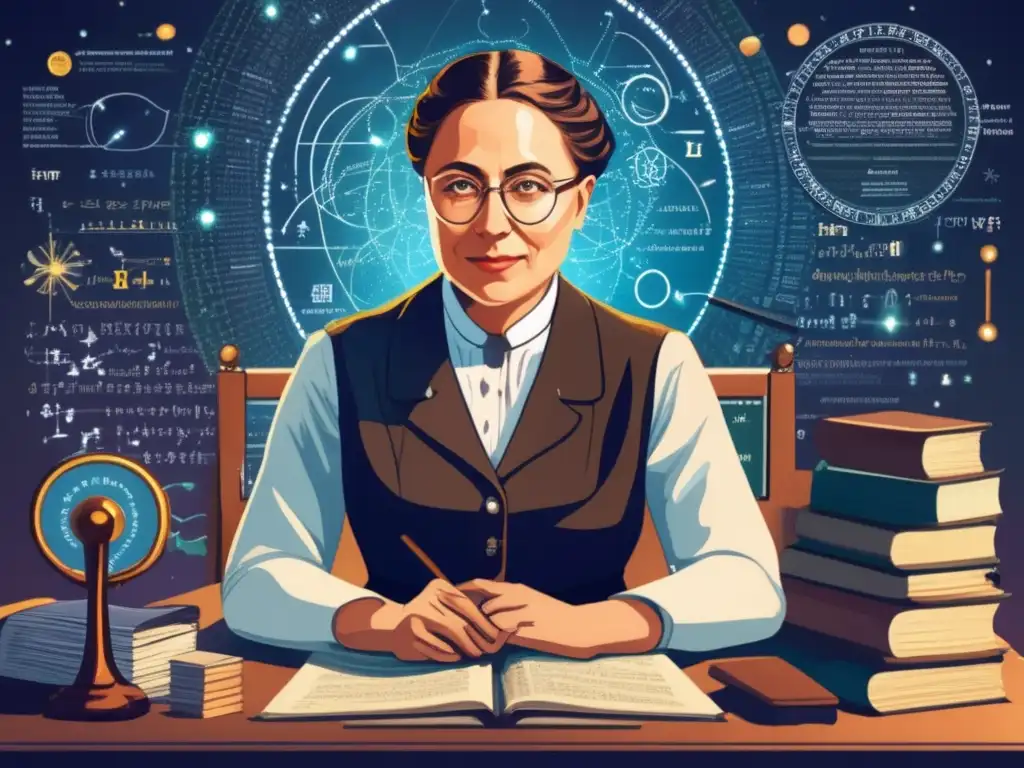 Una ilustración digital moderna de alta resolución de Emmy Noether trabajando en un escritorio repleto de ecuaciones matemáticas y fórmulas físicas