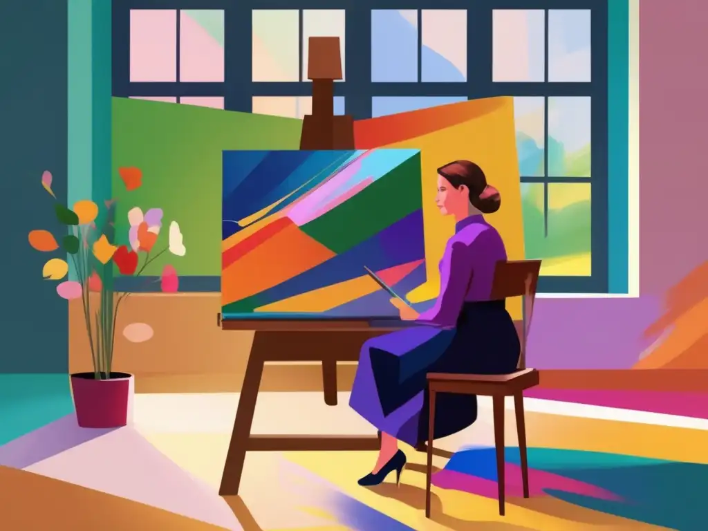 La ilustración digital moderna muestra a Mary Cassatt en su estudio, rodeada de colores vibrantes y pinceladas dinámicas