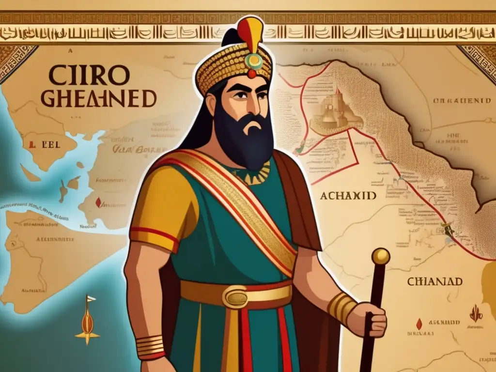 Un ilustración digital moderna de Ciro el Grande, fundador del Imperio Aqueménida, con expresión regia