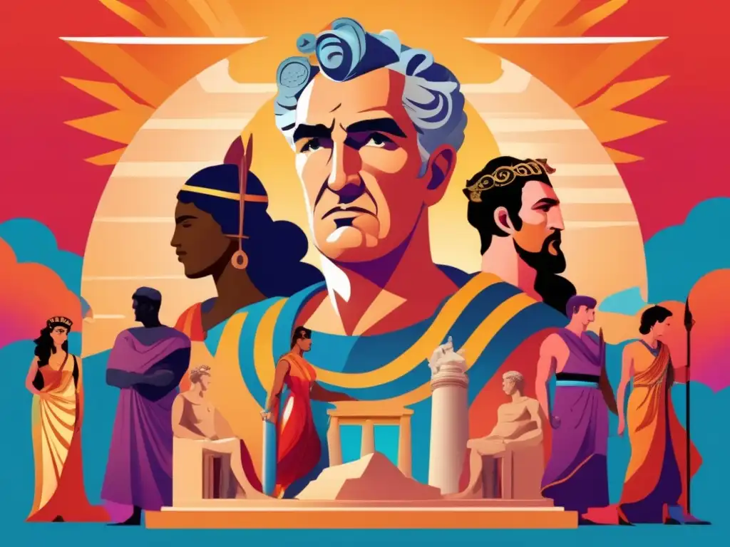 Una ilustración digital moderna de Robert Graves rodeado de figuras mitológicas griegas reinterpretadas, con colores vibrantes y detalles intrincados