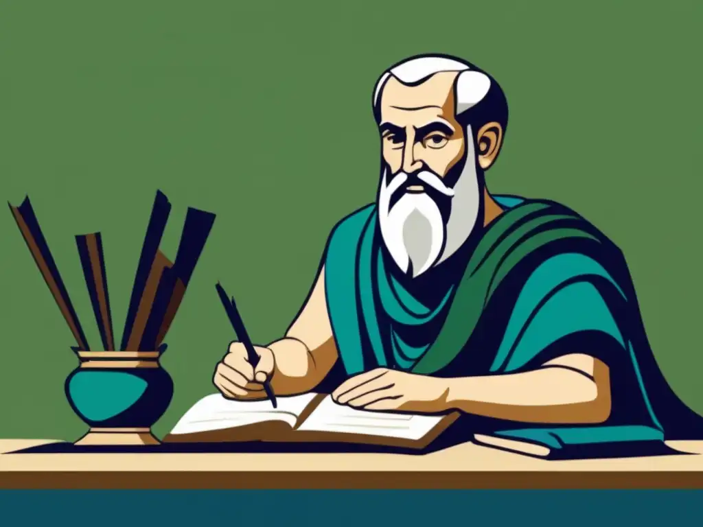 Una ilustración digital moderna de Heródoto, el historiador griego, rodeado de rollos y artefactos antiguos