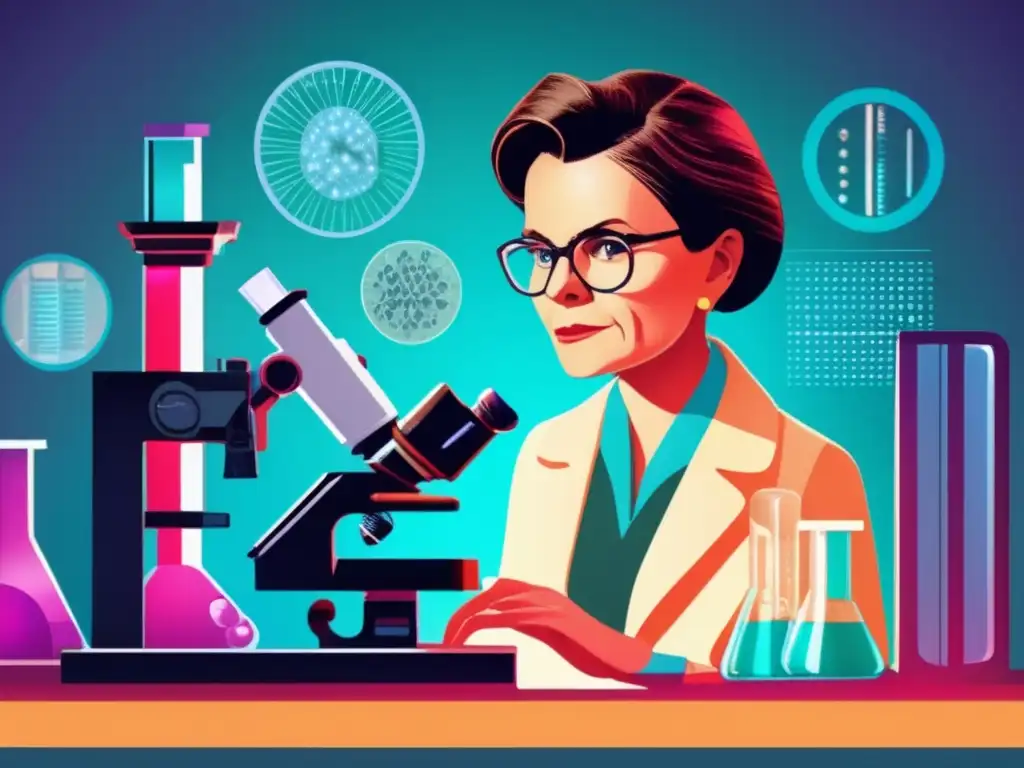 En una ilustración digital moderna de alta resolución, Barbara McClintock se encuentra en un laboratorio, rodeada de equipo de investigación genética y hélices de ADN