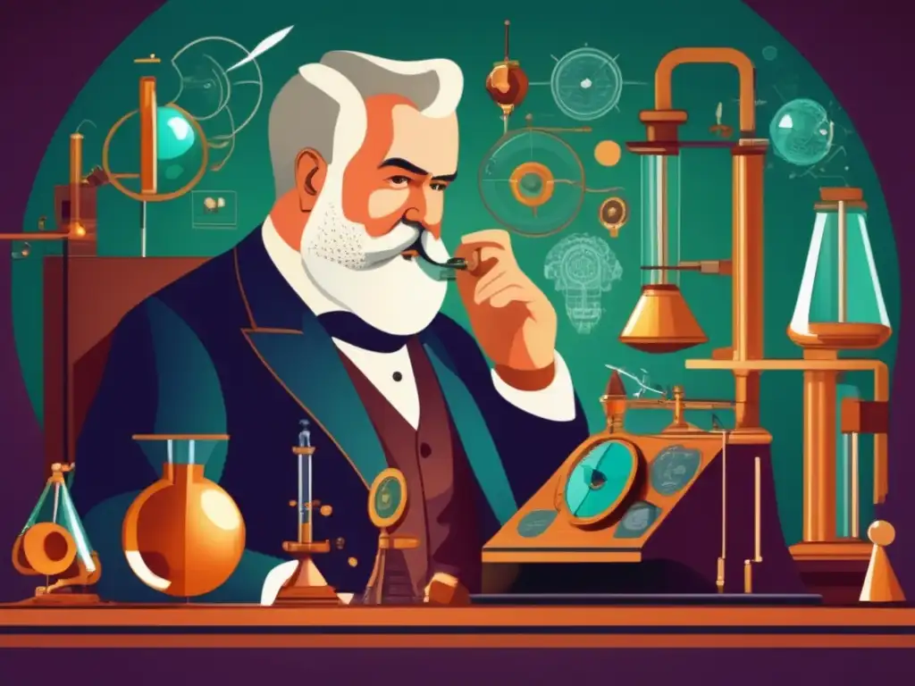 En la ilustración digital moderna, Alexander Graham Bell trabaja en su laboratorio rodeado de inventos e instrumentos científicos