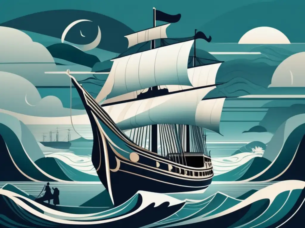 La ilustración digital moderna muestra a Odiseo atado al mástil de su barco, resistiendo el canto encantador de las Sirenas