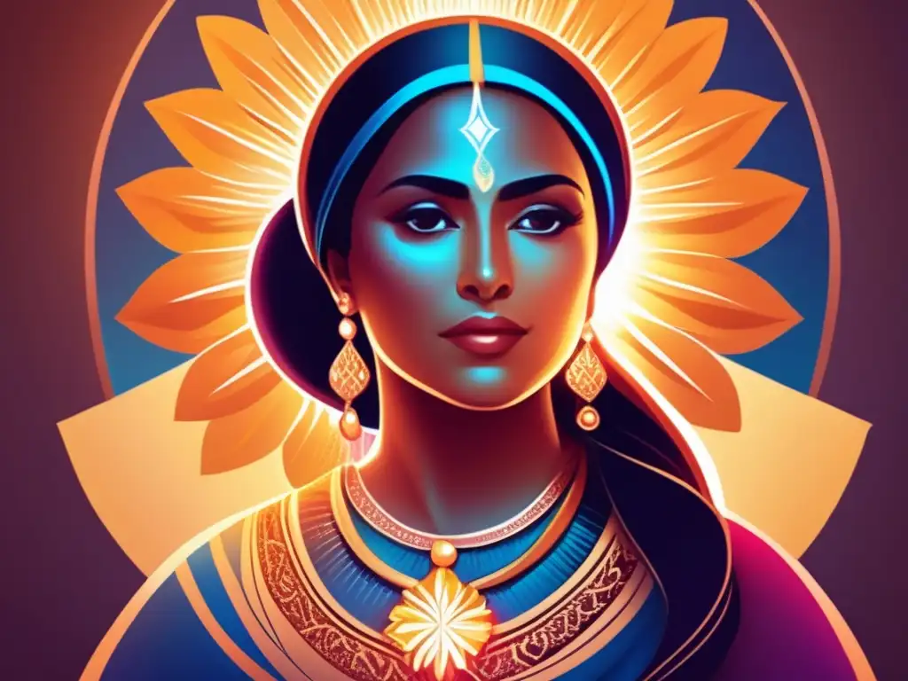 Teresa de Ávila: Ilustración digital mística y serena Una ilustración digital moderna de Teresa de Ávila en una pose contemplativa, rodeada de vibrantes y etéreos rayos de luz que simbolizan sus visiones místicas