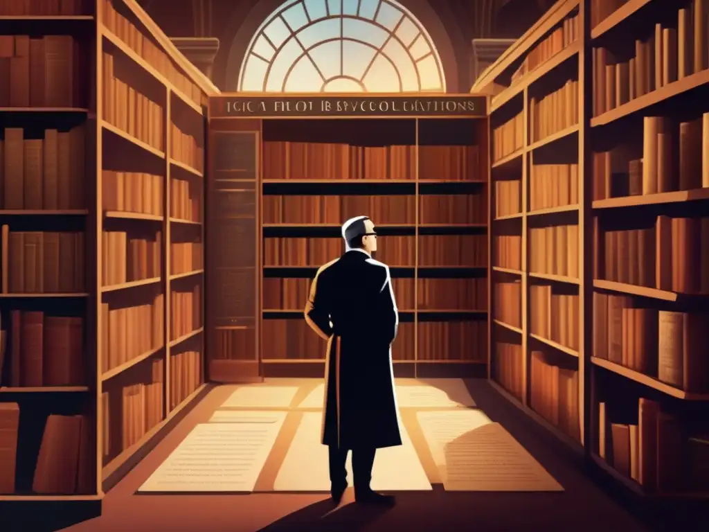 En una ilustración digital moderna de alta resolución, Giambattista Vico está de pie en una gran biblioteca, rodeado de estanterías llenas de antiguos textos y artefactos históricos